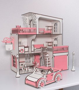 Дитячий дерев'яний ляльковий триповерховий самозбірний будиночок з меблями, з гаражем, з машинкою і з ліхтарями