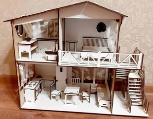 Дерев'яний ляльковий будиночок мрії для ляльок, конструктор пазл із фанери для дітей з балконом та сходами