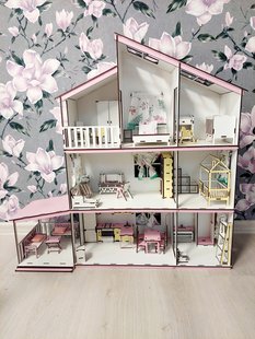 Дитячий дерев'яний ляльковий самозбірний будиночок котедж триповерховий для ляльок, 7 кімнат, з меблями і з терасою