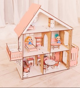 Дерев'яний дитячий триповерховий ляльковий будиночок для кукол на 5 кімнат з меблями, з балконом та мансардним поверхом