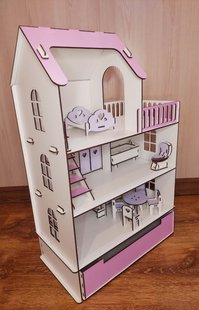 Деревянный безопасный сборный кукольный домик "Яркий" для кукол на три этажа с террасой и выдвижным ящиком