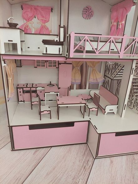 Деревянный самосборный игрушечный домик розовый для кукол с ящиками, комплектом мебели и лестницей