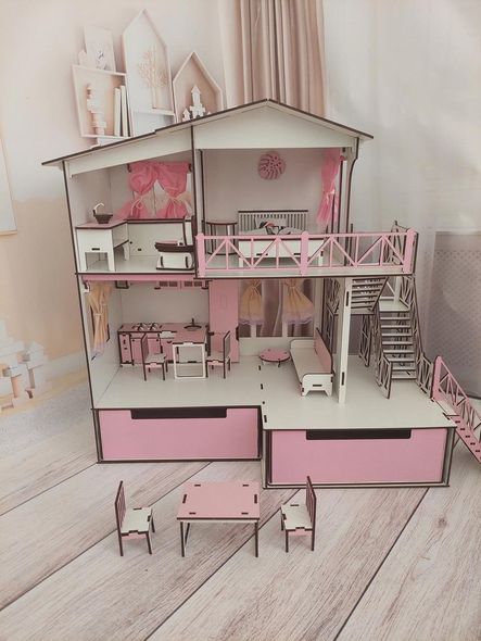 Дерев'яний самозбірний іграшковий будиночок рожевий для ляльок з ящиками, комплектом меблів та сходами
