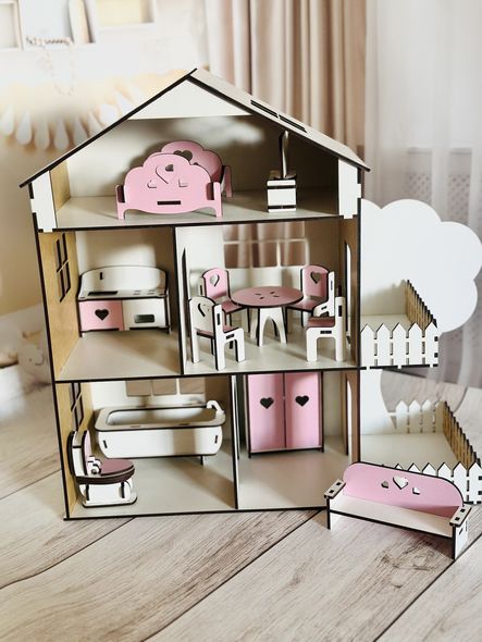 Дерев'яний самозбірний рожевий іграшковий будиночок для ляльок з террасою, комплектом меблів