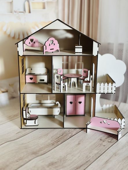 Дерев'яний самозбірний рожевий іграшковий будиночок для ляльок з террасою, комплектом меблів