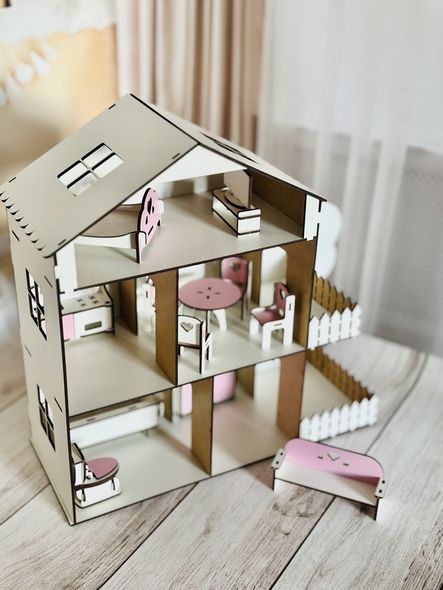 Деревянный самосборный розовый игрушечный домик для кукол с террасой, комплектом мебели