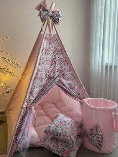 Вигвам детский розовый с цветами, комплект с подушками, ковриком, корзиной, 120*120