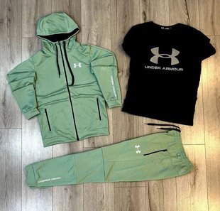 Костюм спортивний чоловічий (кофта+футболка+штани) зелений/чорний (S, M, L, XL, XXL)