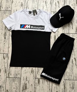 Мужской спортивный костюм Puma BMW Motorsport, футболка+шорты+кепка, цвет белый/черный