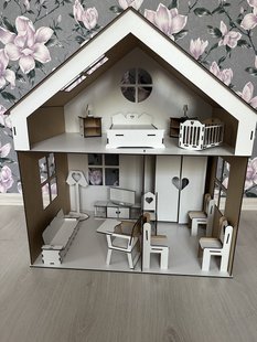Дерев'яний ляльковий самозбірний будинок двоповерховий для ляльок Барбі з меблями з двп