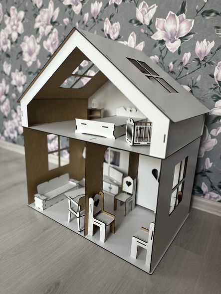 Деревянный кукольный самосборный домик двухэтажный для кукол Барби с мебелью из двп