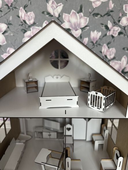 Деревянный кукольный самосборный домик двухэтажный для кукол Барби с мебелью из двп