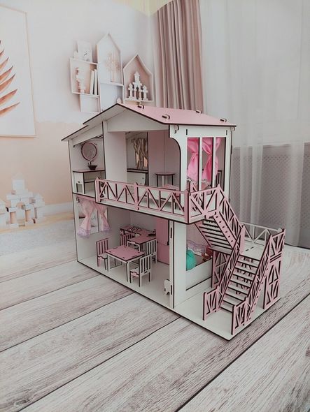 Кукольный деревянный розовый самосборный домик для кукол с мебелью, с лестницей и панно на стену