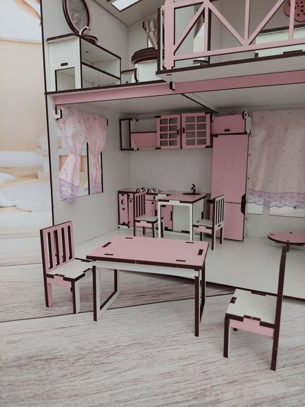 Кукольный деревянный розовый самосборный домик для кукол с мебелью, с лестницей и панно на стену