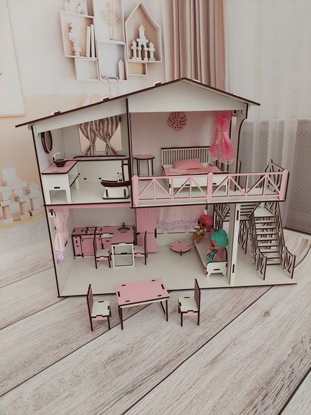 Ляльковий дерев'яний рожевий самозбірний будиночок для ляльок з меблями, зі сходами і панно на стіну
