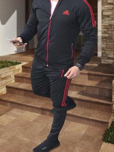 Спортивный мужской костюм Adidas Лампасный Черный с Красным лампасом (S M L XL)