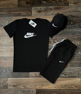 Мужской спортивный костюм Nike, футболка+шорты+кепка, цвет черный