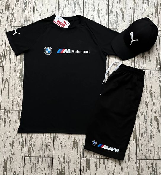 Мужской спортивный костюм Puma BMW Motorsport, футболка+шорты+кепка, цвет черный