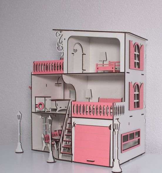 Детский деревянный кукольный трехэтажный самосборный домик с мебелью, с гаражом, с машинкой и с фонарями