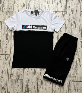 Мужской летний спортивный костюм Puma BMW Motorsport, футболка+шорты, цвет белый/черный