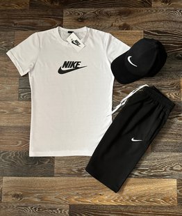Чоловічий літній спортивний костюм Nike, футболка+шорти+кепка, колір білий