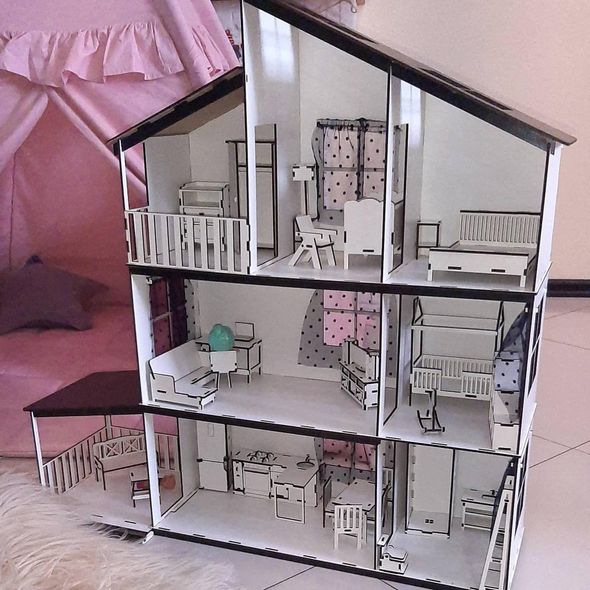 Дитячий дерев'яний збірний ляльковий будиночок котедж LOL 3d-конструктор із фанери з терасою та меблями