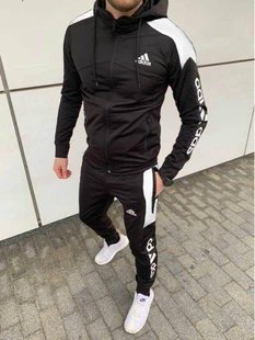 Спортивний чоловічий костюм Adidas з капюшоном Чорний з білим (S M L XL)