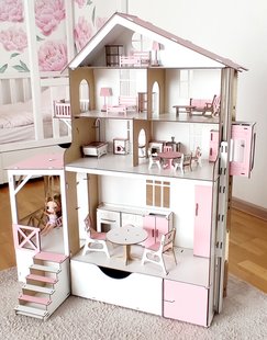 Деревянный детский кукольный домик сборный трехэтажный для кукол, с лифтом, с террасой, с балконом и с ящичком