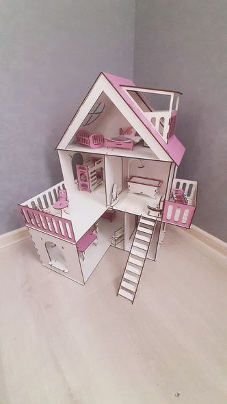 Деревянный детский самосборный кукольный домик для кукол с мебелью, с террасой, с балконом и лестницей