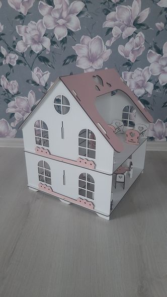 Деревянный двухэтажный кукольный сборный домик "Зефирка" двухсторонний с комплектом мебели, с крышей и с окнами