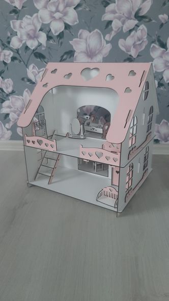 Деревянный двухэтажный кукольный сборный домик "Зефирка" двухсторонний с комплектом мебели, с крышей и с окнами