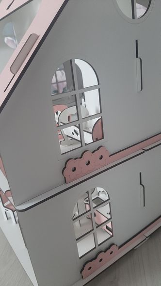 Дерев'яний ляльковий двоповерховий збірний будиночок "Зефірка" двосторонній з комплектом меблів, з дахом і з вікнами