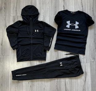 Костюм спортивный мужской (кофта+футболка+штаны) черный/черный (S, M, L, XL, XXL)