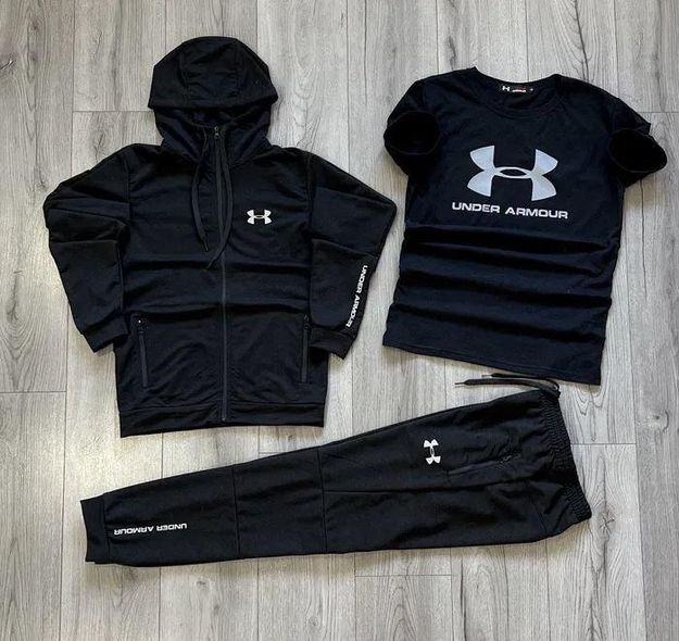 Костюм спортивный мужской (кофта+футболка+штаны) черный/черный (S, M, L, XL, XXL)