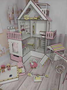 Кукольный деревянный домик для кукол самосборный с мебелью, детской площадкой и ящиками + люлька