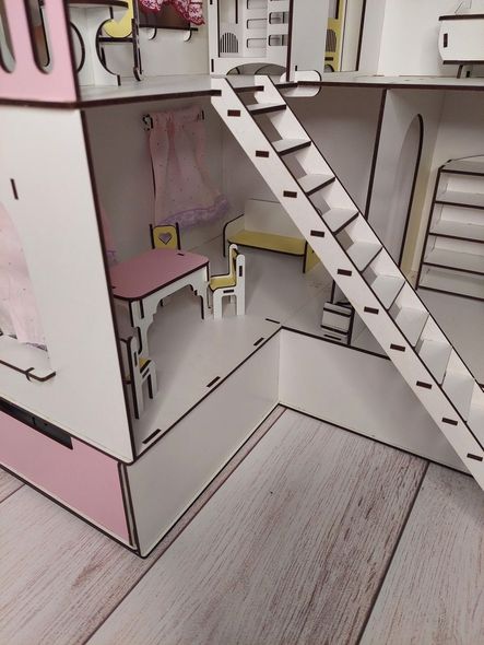 Ляльковий дерев'яний дитячий будиночок для ляльок самозбірний з меблями, дитячим майданчиком та ящиками + колиска