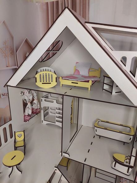 Ляльковий дерев'яний дитячий будиночок для ляльок самозбірний з меблями, дитячим майданчиком та ящиками + колиска
