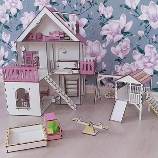Кукольный деревянный сборный домик фанерный конструктор "Розовые сны" с мебелью, текстилем и детской площадкой