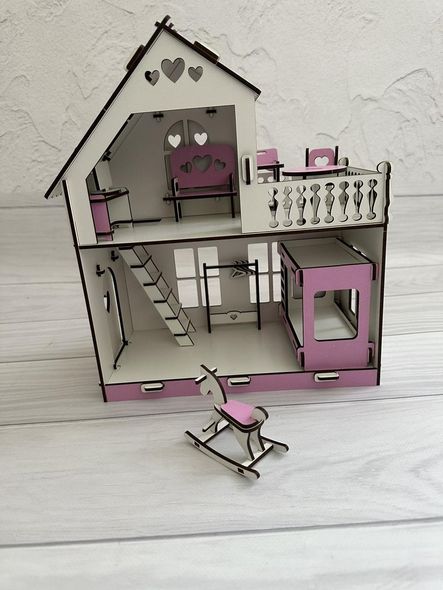 Дитячий дерев'яний двоповерховий збірний будиночок для ляльок з терасою, вікнами та набором меблів, з хдф