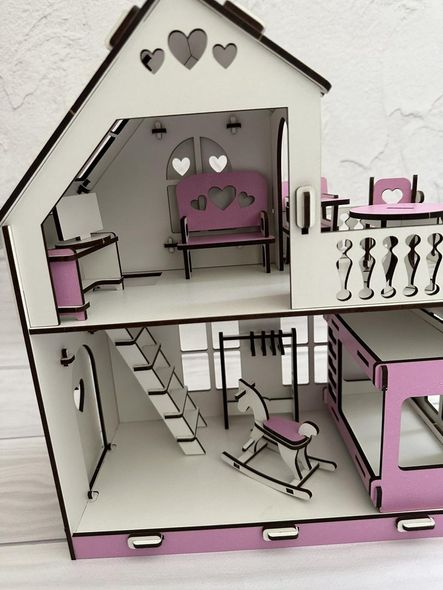 Детский деревянный двухэтажный сборный домик для кукол с террасой, окнами и набором мебели, с хдф