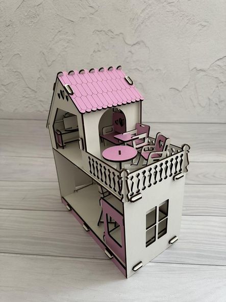 Детский деревянный двухэтажный сборный домик для кукол с террасой, окнами и набором мебели, с хдф
