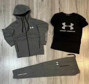 Костюм спортивный мужской (кофта+футболка+штаны) серый/черный (S, M, L, XL, XXL)