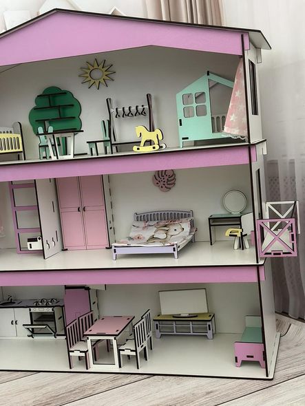 Дерев'яний збірний дитячий ляльковий будиночок триповерховий з комплектом меблів, з вікнами, з дверима і з балконом