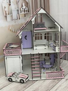 Деревянный самосборный домик для лола с гаражом и машинкой + 17 предметов мебели, эко-игровой набор для кукол