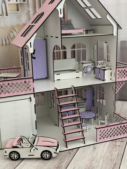 Деревянный самосборный домик для лола с гаражом и машинкой + 17 предметов мебели, эко-игровой набор для кукол
